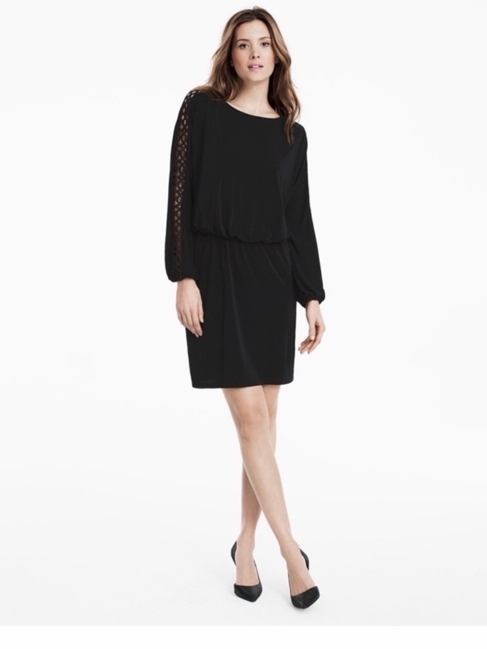 White House Black Market Black Mini Dress with Lattice Sleeve Detail